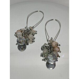 Vintage Beaded Cluster Drop Earrings Brass Ear Wire Multicolor Beads Pink Gray